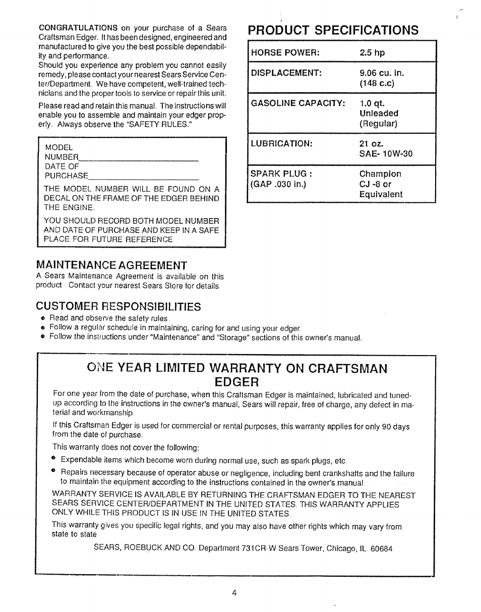Product specifications, Maintenance agreement, Customer responsibilities | One year limited warranty on craftsman, Edger, One year limited warranty on craftsman edger | Sears 536.79751 User Manual | Page 4 / 24