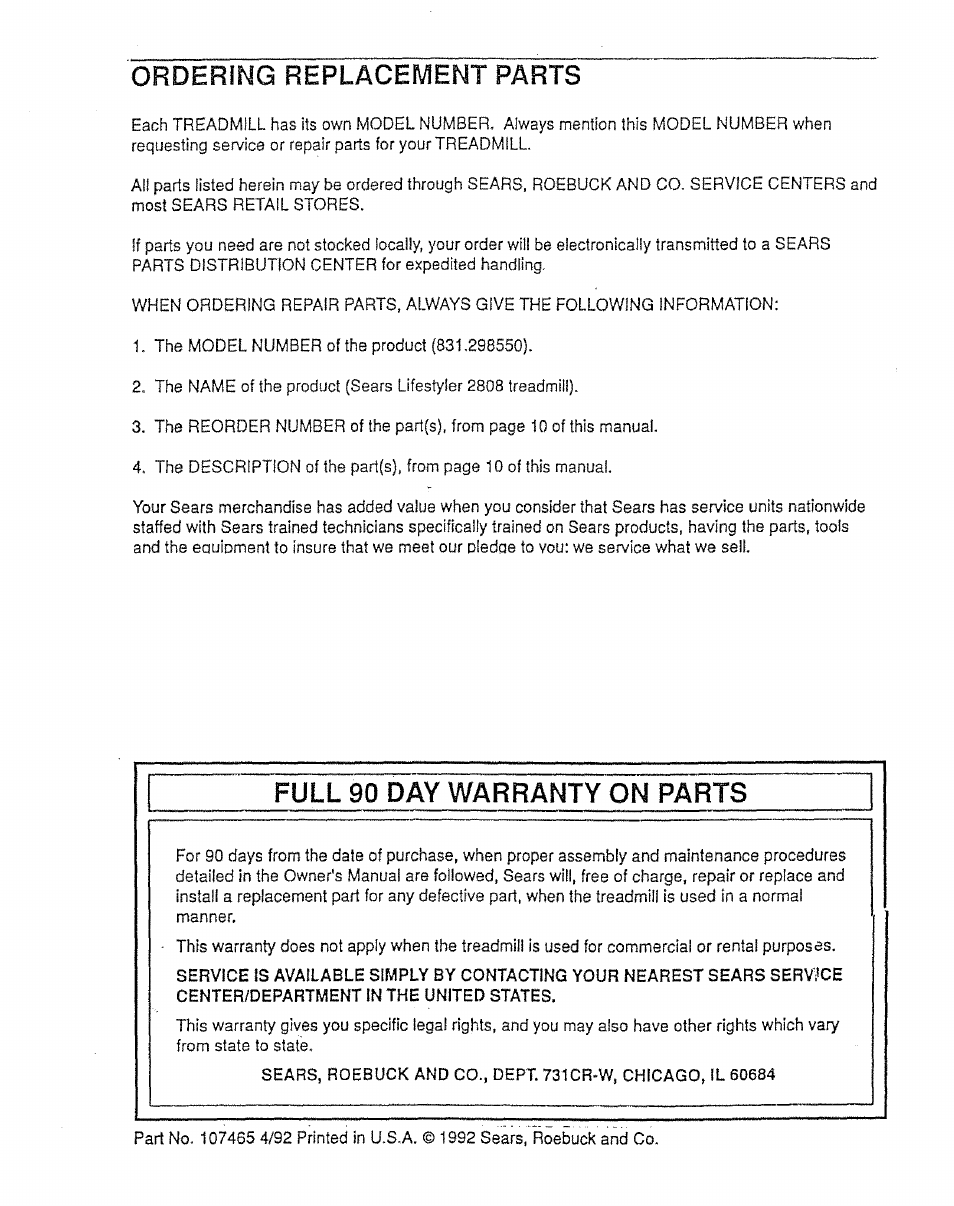 Ordering replacement parts, Full 90 day warranty on parts | Sears Lifestyler 831.298&50 User Manual | Page 12 / 12