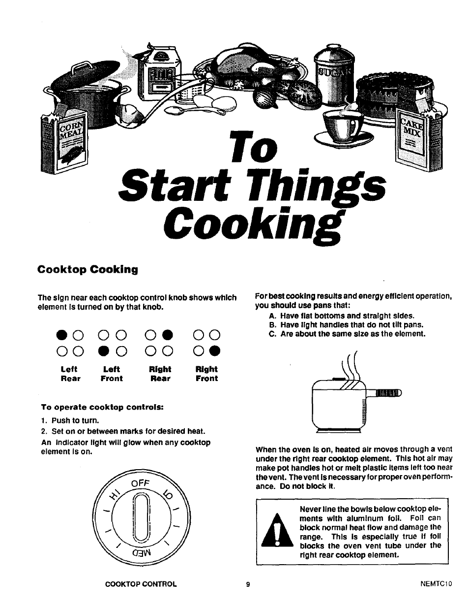 Start things, Cooking, Cooktop cooking | Cooktop cooking ,10, Start things cooking, O o o | Sears KENMORE 46520 User Manual | Page 10 / 24