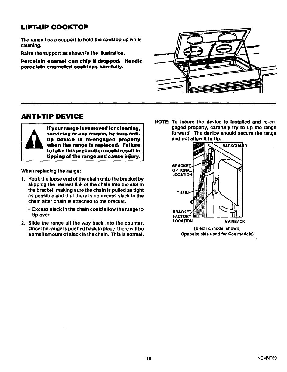 Lift-up cooktop, Anti-tip device | Sears KENMORE 46520 User Manual | Page 19 / 24