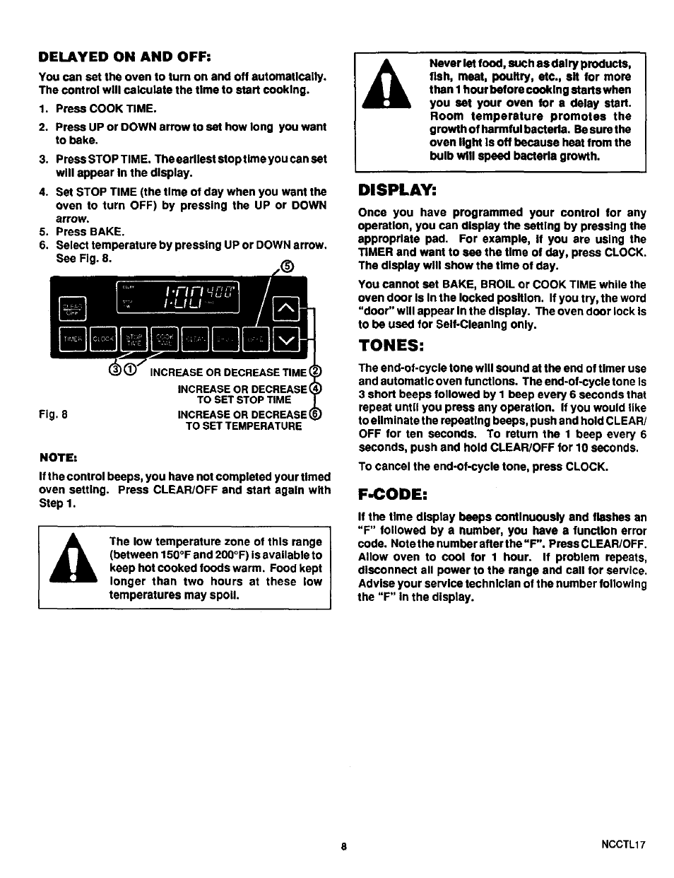 Display, Tones, F-code | Sears KENMORE 46520 User Manual | Page 9 / 24