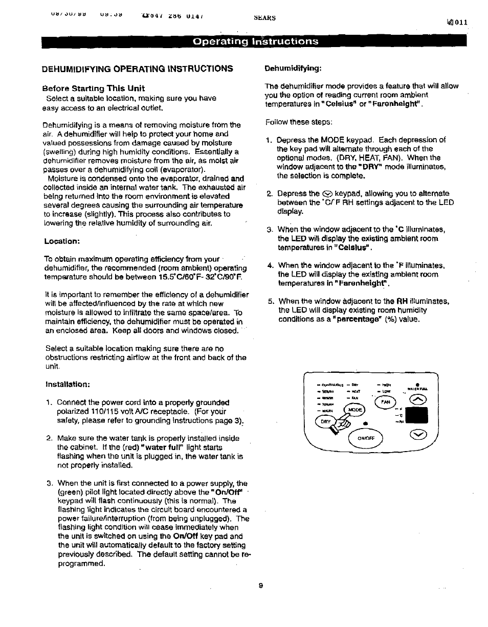 Soil, Operating instructions, Dehumidifying operating instructions | Sears 461-5949 User Manual | Page 10 / 17