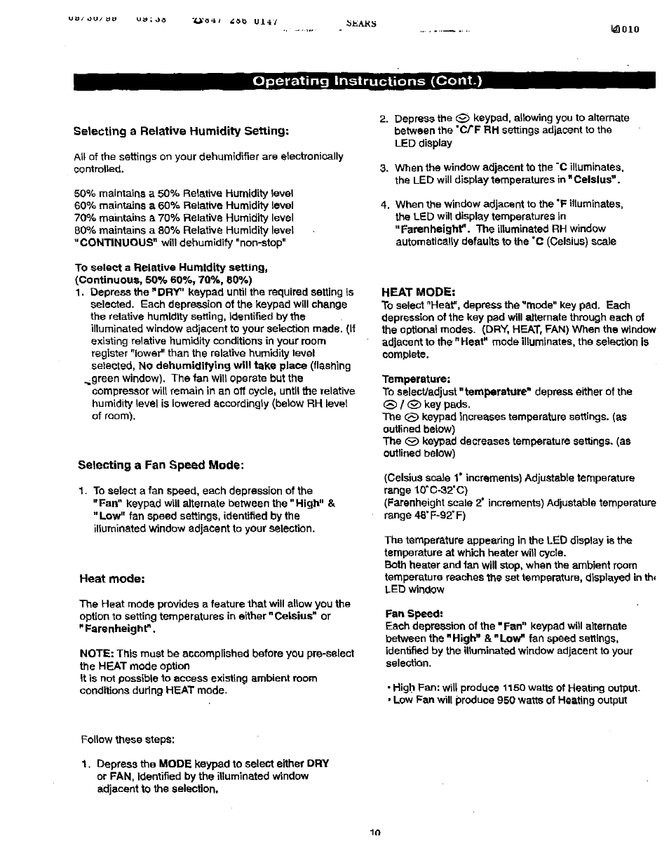 Operating instructions (cont,) | Sears 461-5949 User Manual | Page 11 / 17