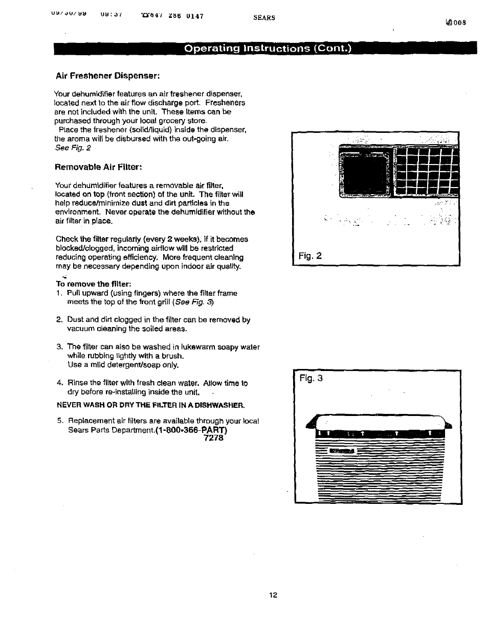 Air freshener dispenser, Removable air filter, Operating instructions (cont.) | Sears 461-5949 User Manual | Page 13 / 17