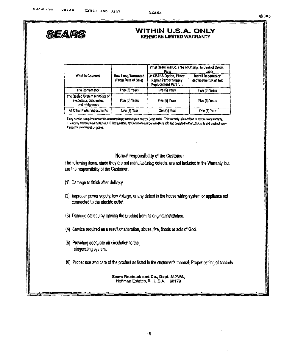 Nonnal responsibility ouhe customer, Within u.s.a. only | Sears 461-5949 User Manual | Page 16 / 17
