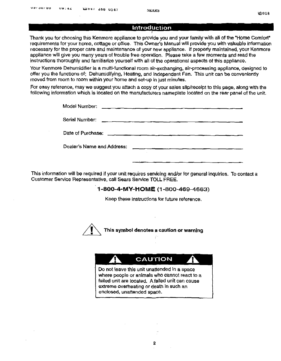 Introduction, Soo-4-my-home (1-800-469-4663), This symbol denotes a caution or warning | Caution | Sears 461-5949 User Manual | Page 3 / 17
