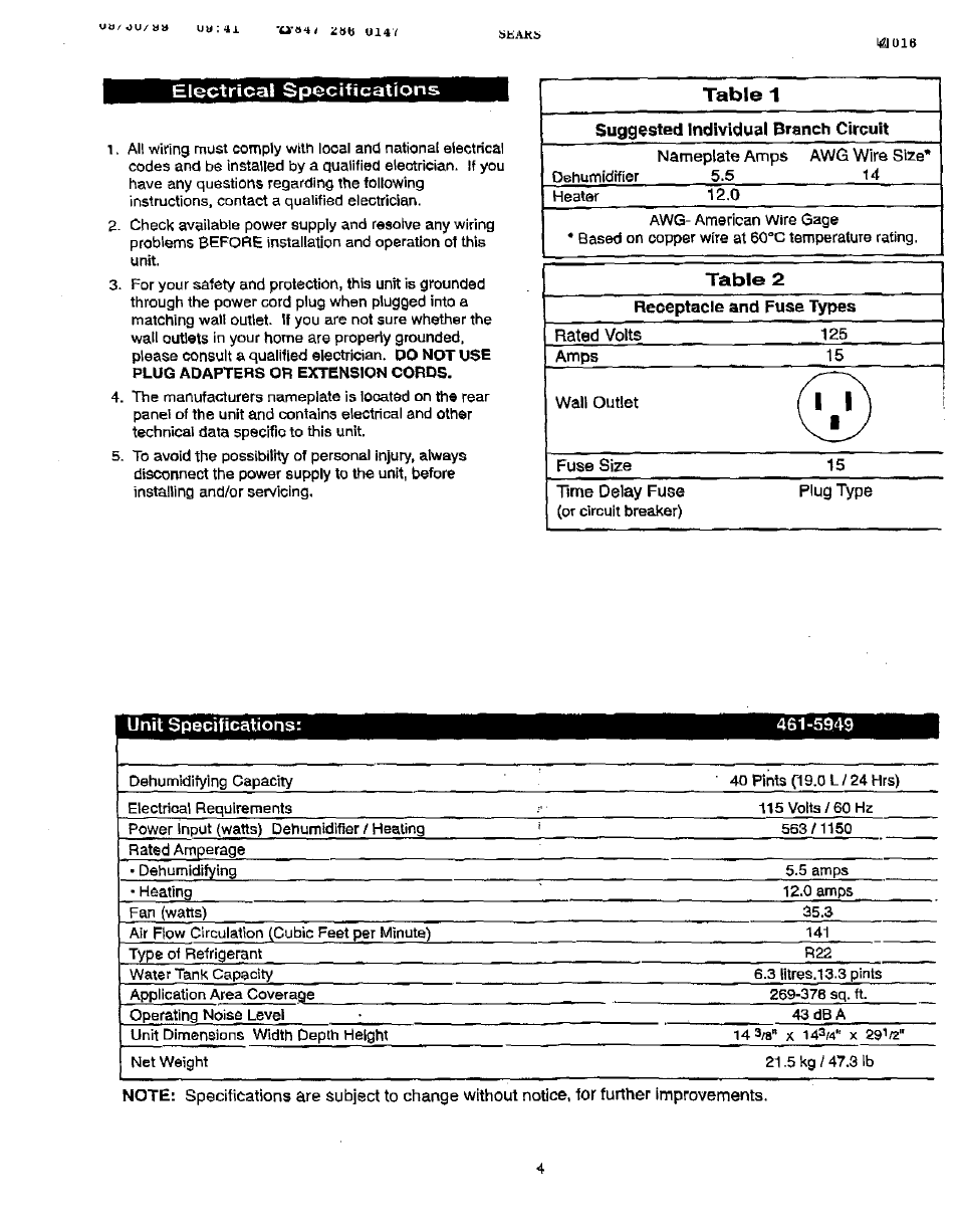 Electrical specifications | Sears 461-5949 User Manual | Page 5 / 17