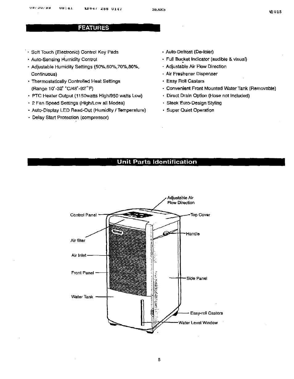 Features, Unit parts identification | Sears 461-5949 User Manual | Page 6 / 17