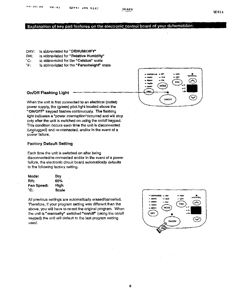 On/off flashing light, Factory default setting | Sears 461-5949 User Manual | Page 7 / 17