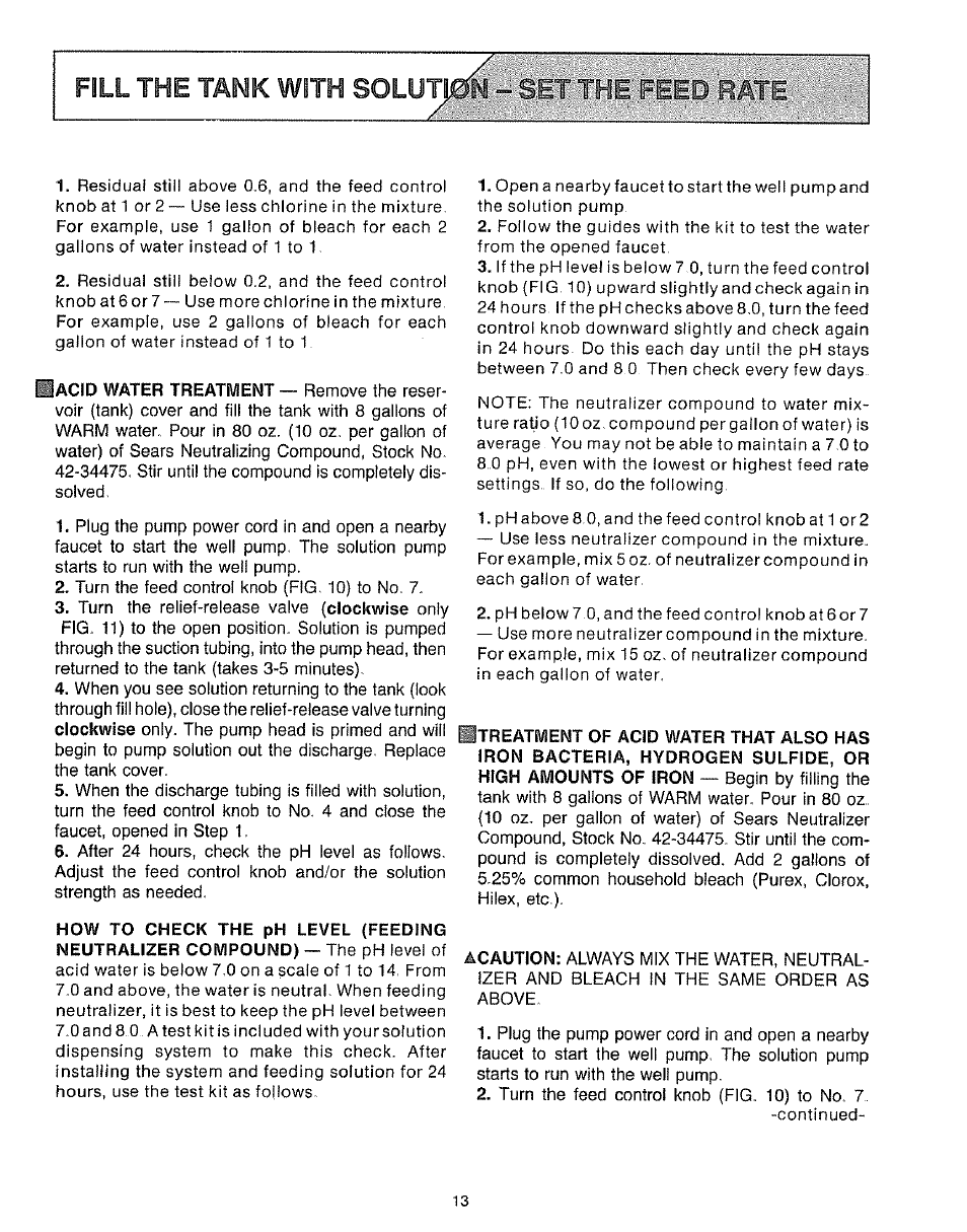 Fill the tank with solutii^ setthe pied r | Sears 625.34929 User Manual | Page 13 / 20