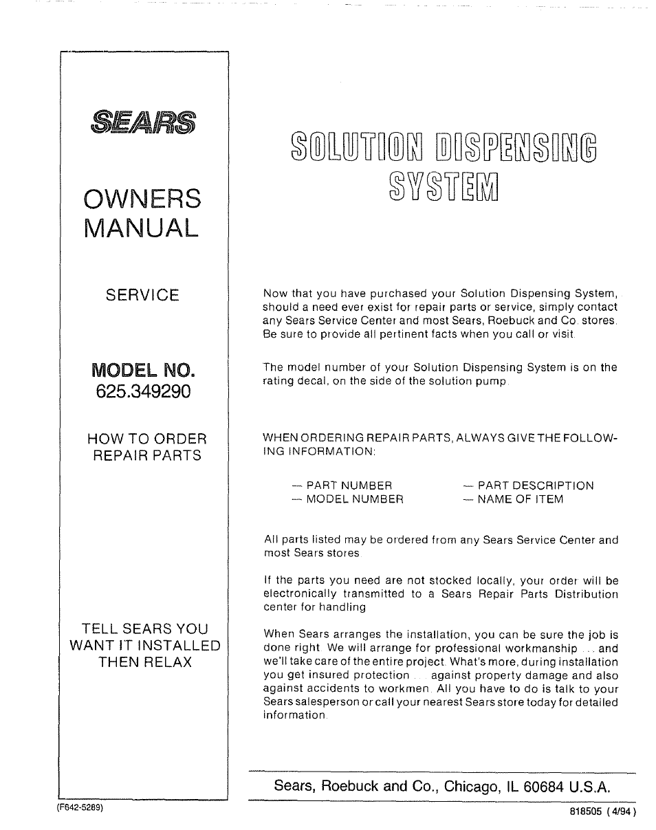 Owners, Manual, Service model no | Sears 625.34929 User Manual | Page 20 / 20