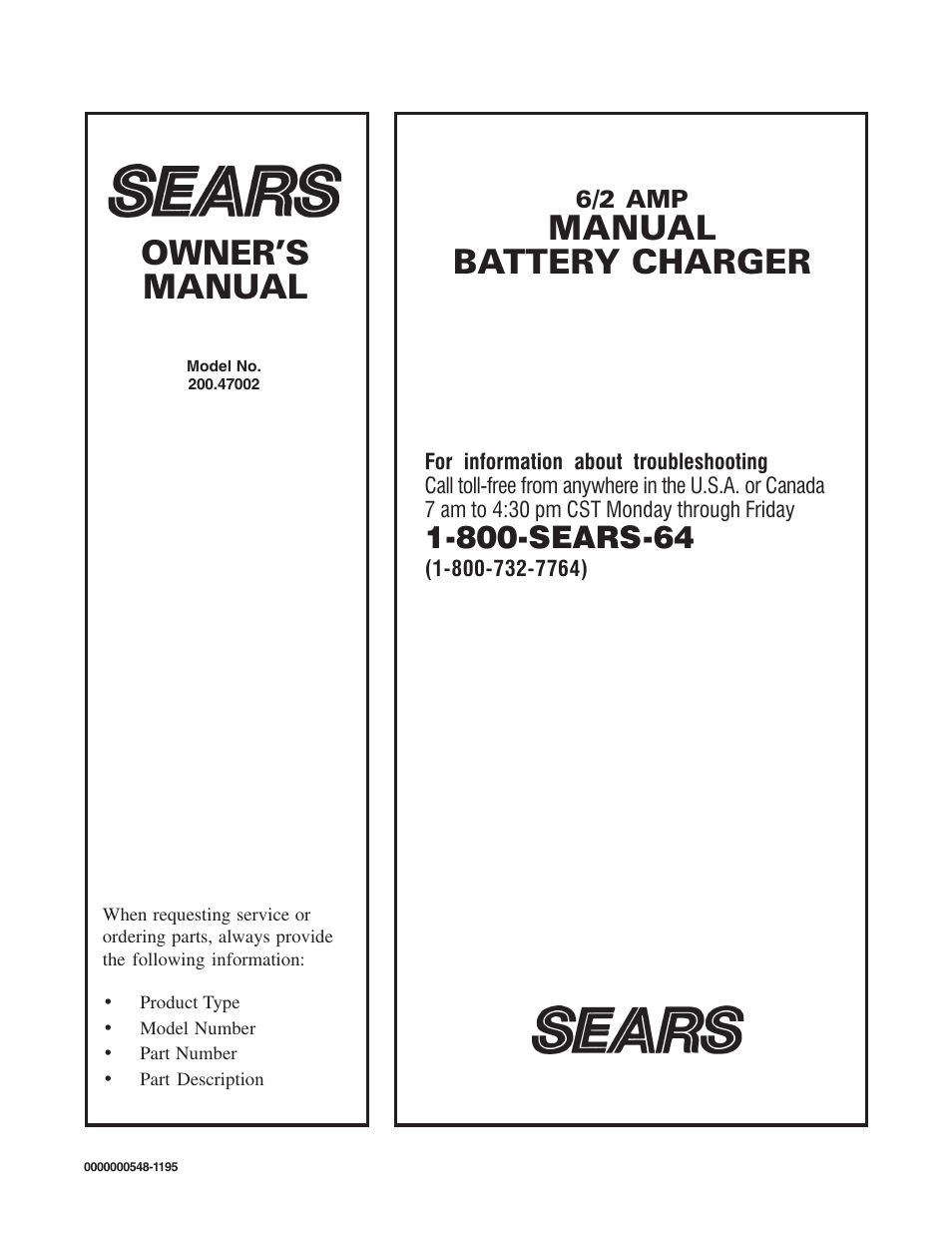 Manual battery charger owner’s manual | Sears 47002 User Manual | Page 12 / 12