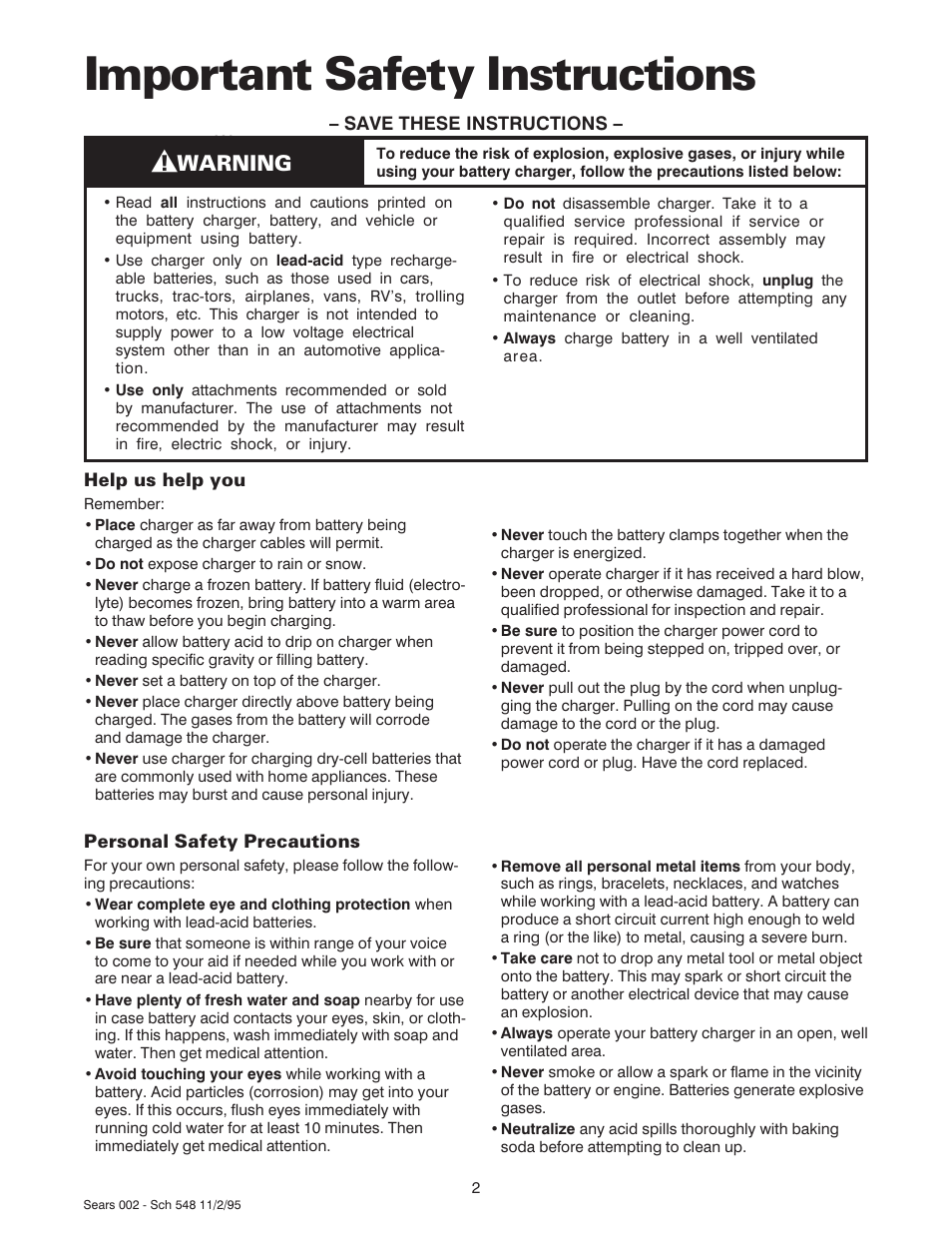 Important safety instructions, Warning | Sears 47002 User Manual | Page 3 / 12