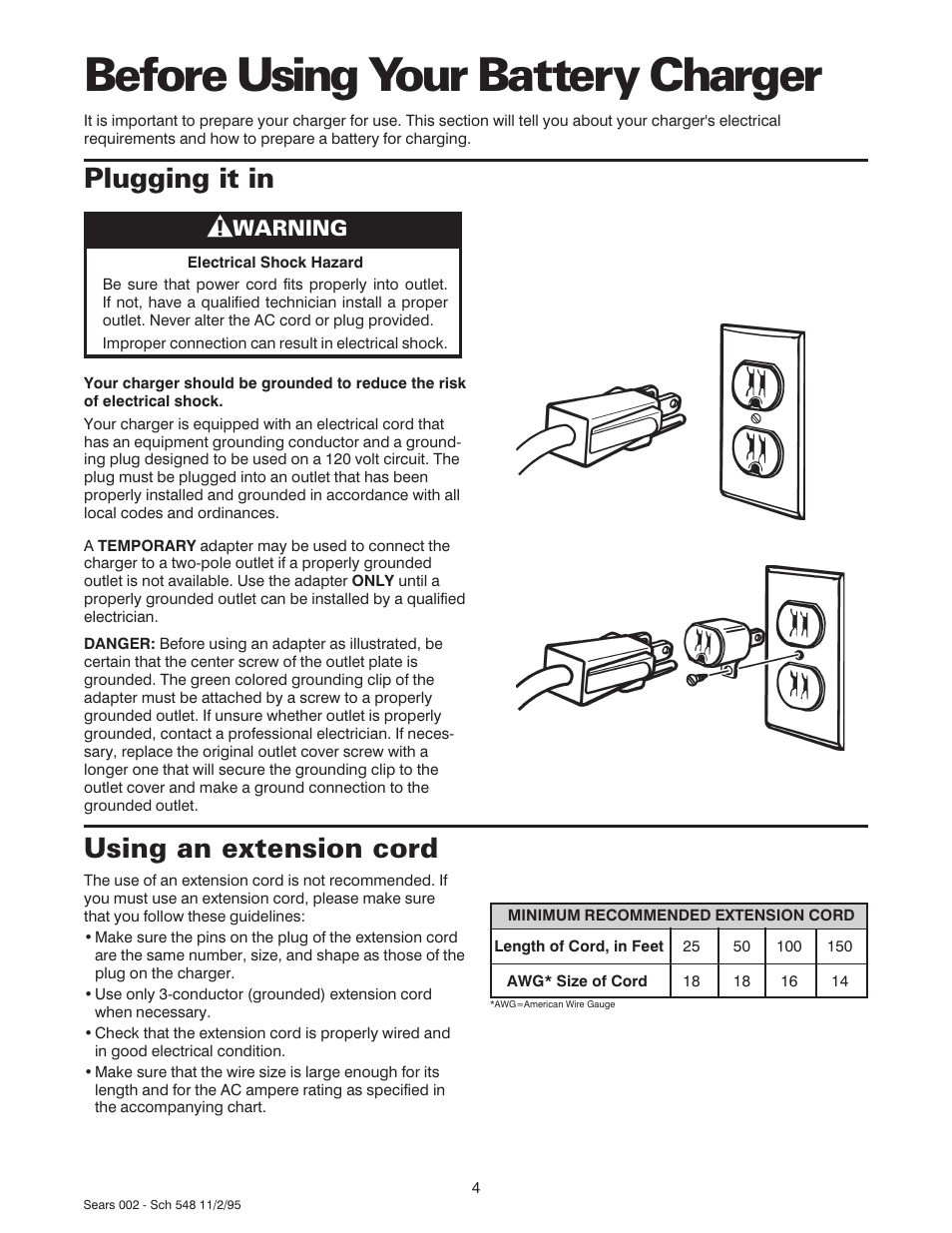 Before using your battery charger, Using an extension cord, Plugging it in | Warning | Sears 47002 User Manual | Page 5 / 12