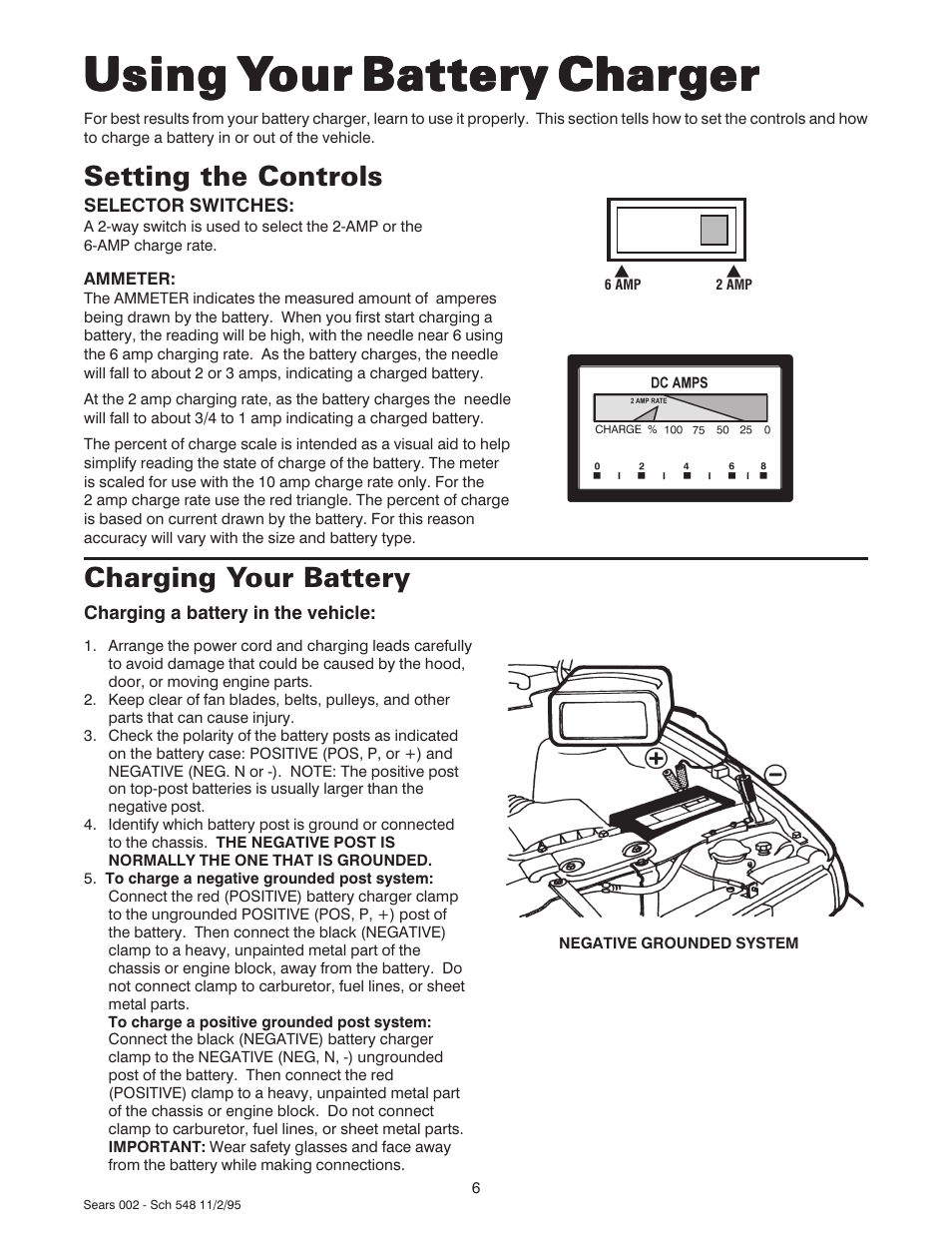 Using y, Charging your battery, Setting the controls | Sears 47002 User Manual | Page 7 / 12