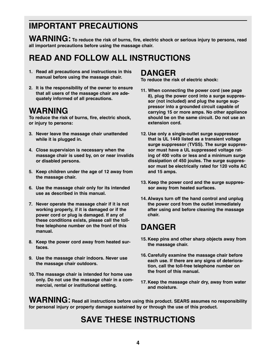 Important precautions warning, Read and follow all instructions, Warning | Danger, Save these instructions | Sears 831.219910 User Manual | Page 4 / 13