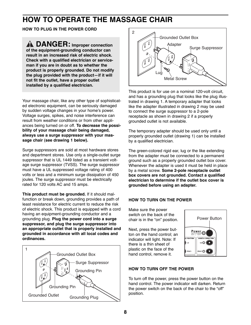 How to operate the massage chair, Danger | Sears 831.219910 User Manual | Page 8 / 13