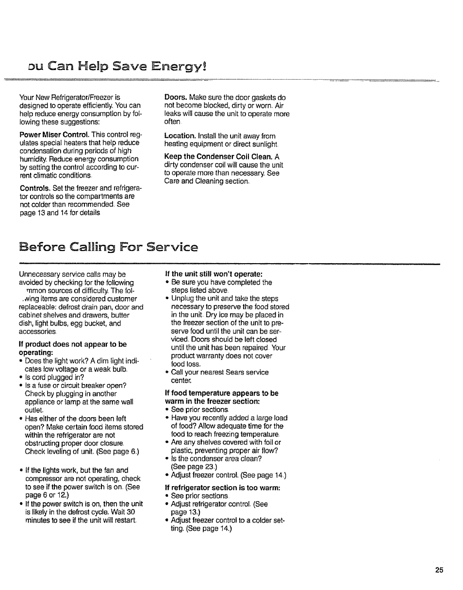 Du can help save energy, Before calling for service | Sears 10062603 User Manual | Page 25 / 28
