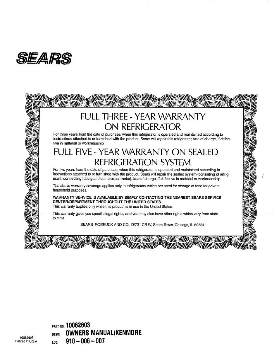 Oieor owners manuamkenmori, Full three - year warranty on refrigerator | Sears 10062603 User Manual | Page 28 / 28
