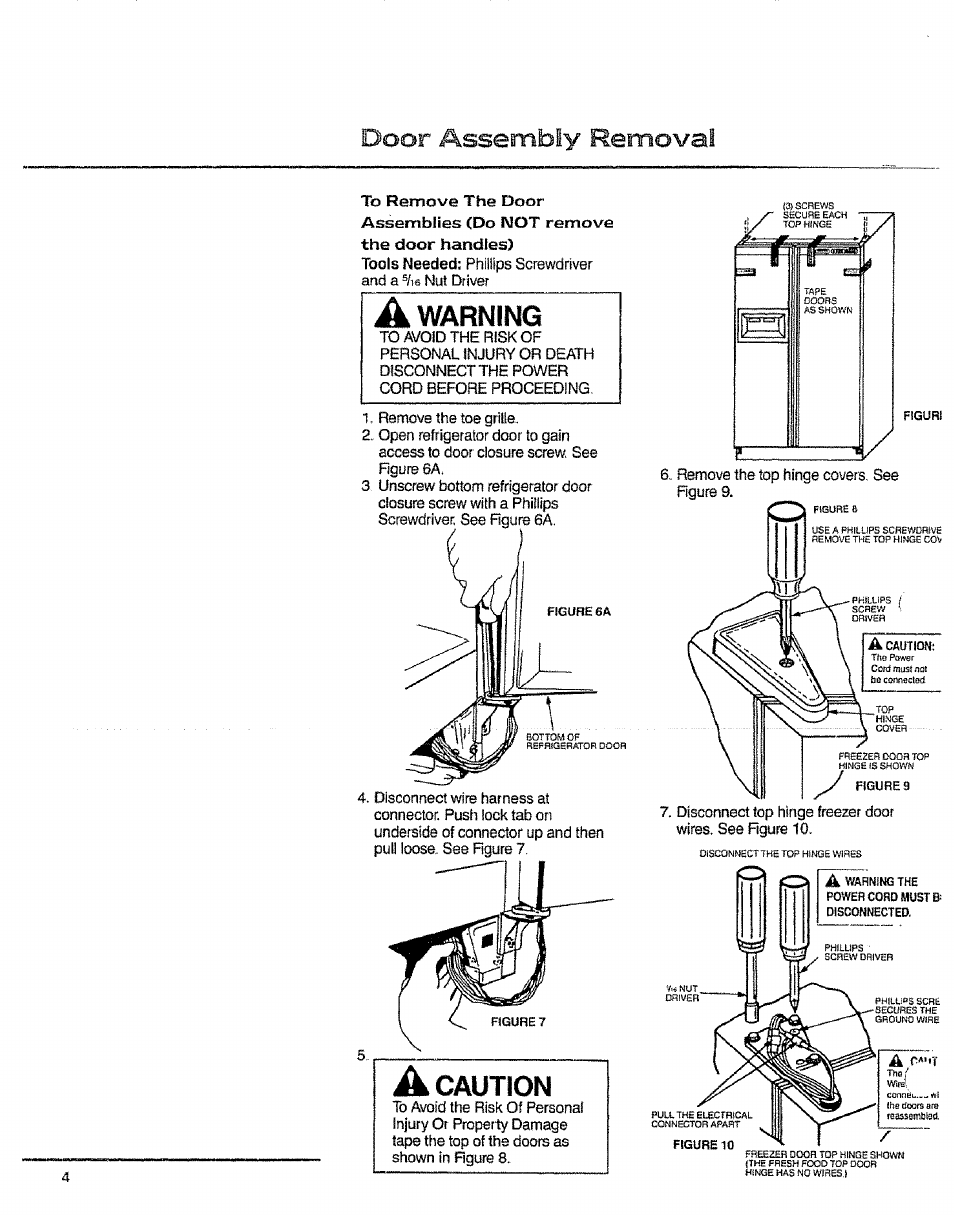 Door assembly removal, Warning, Caution | Sears 10062603 User Manual | Page 4 / 28