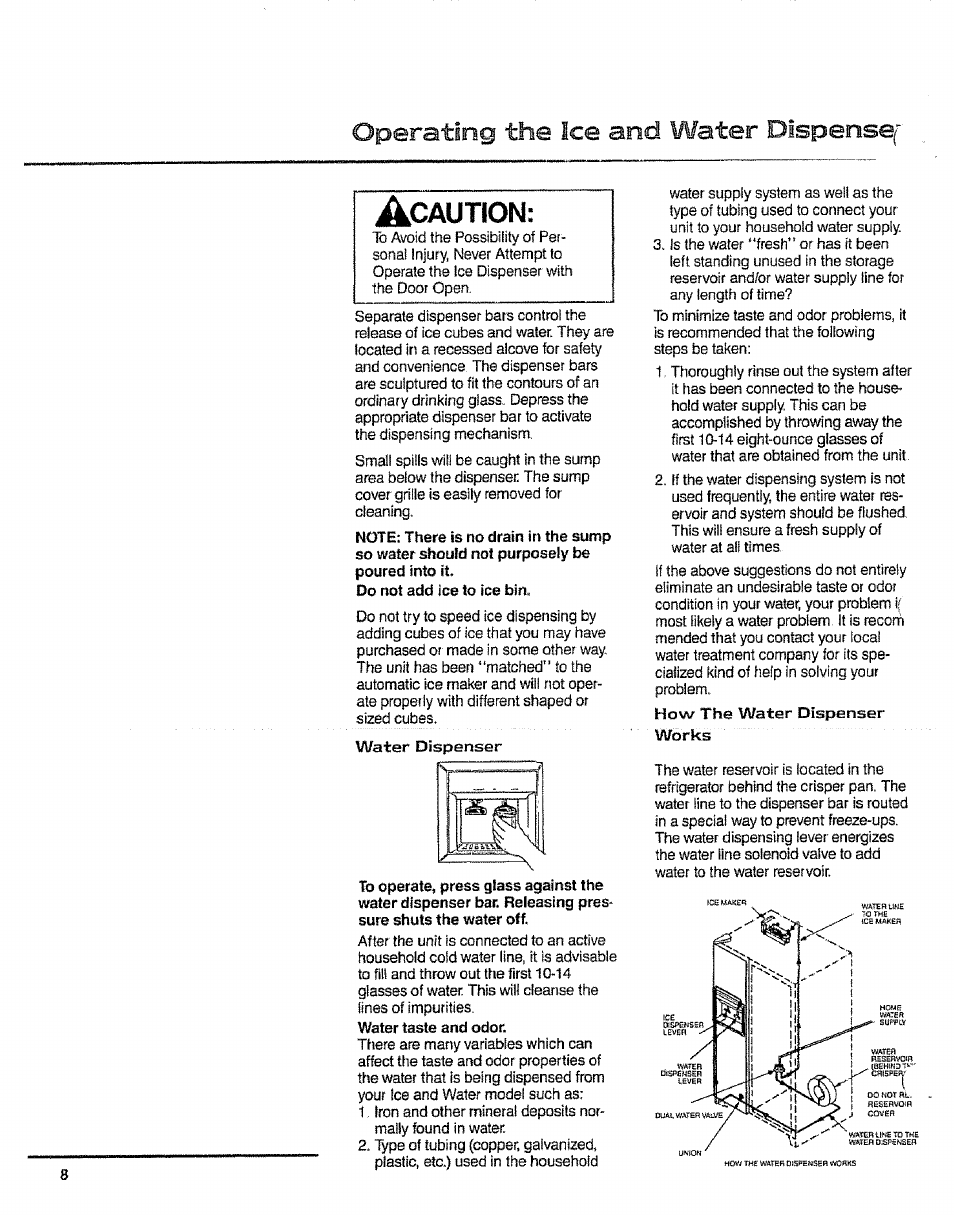 Aution, Operating the ice and water dîspensef | Sears 10062603 User Manual | Page 8 / 28