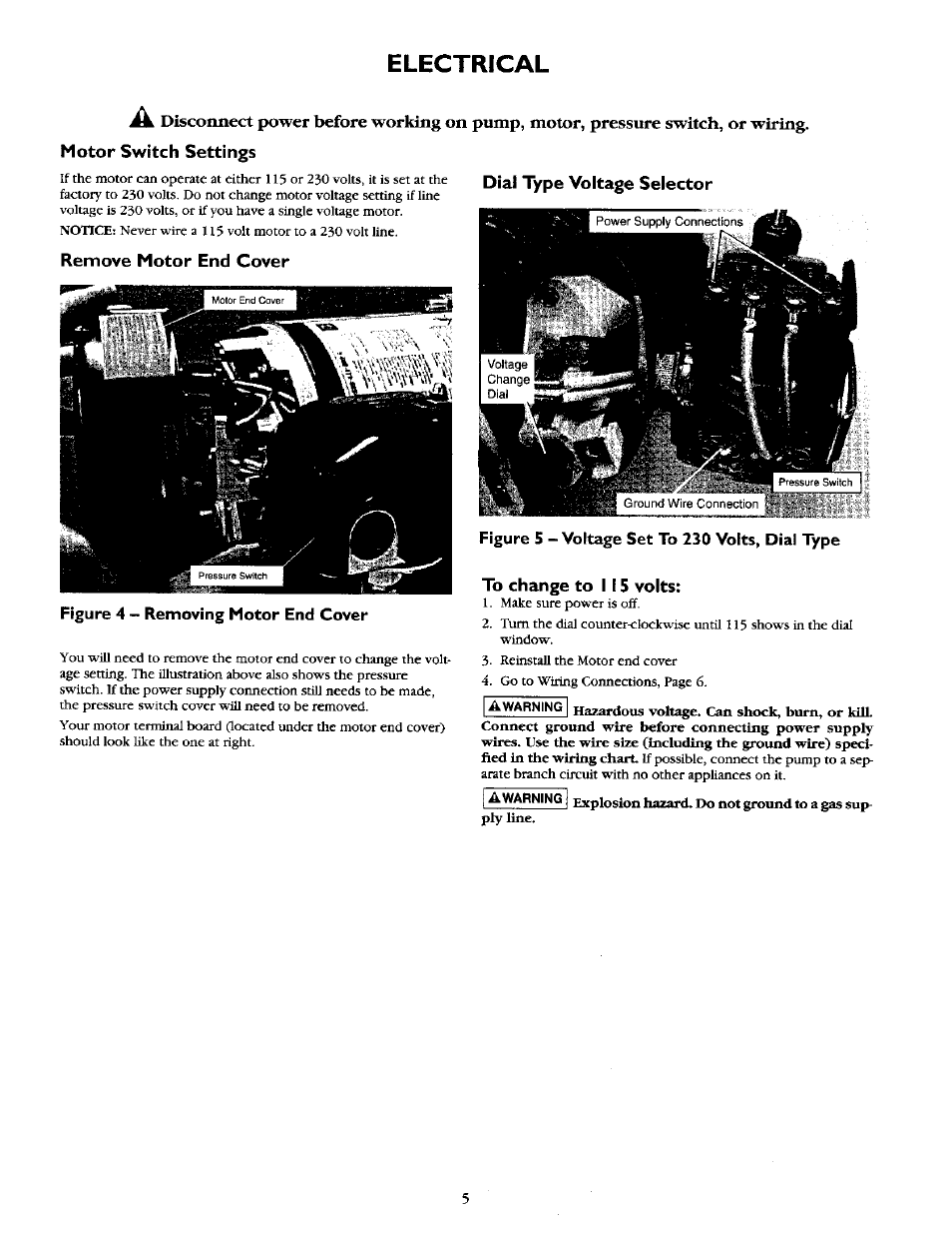Electrical, Remove motor end cover, Motor switch settings dial type voltage selector | Sears 390.2518 User Manual | Page 5 / 16