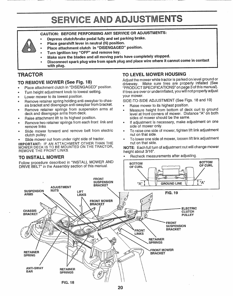 Tractor, To remove mower (see fig. 18), To level mower housing | Service amd adjustments | Sears 917.251551 User Manual | Page 20 / 60