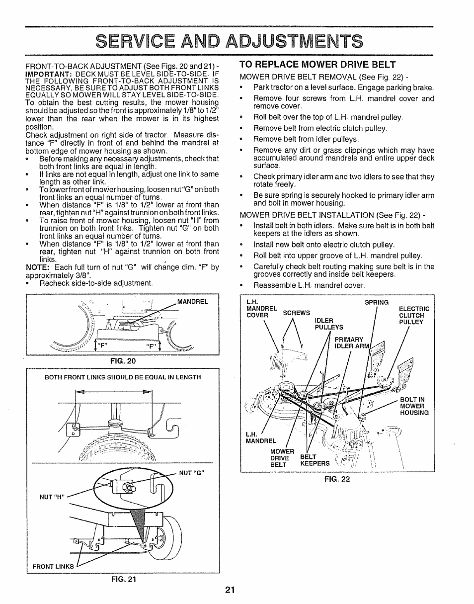To replace mower drive belt, Service and adjustments | Sears 917.251551 User Manual | Page 21 / 60