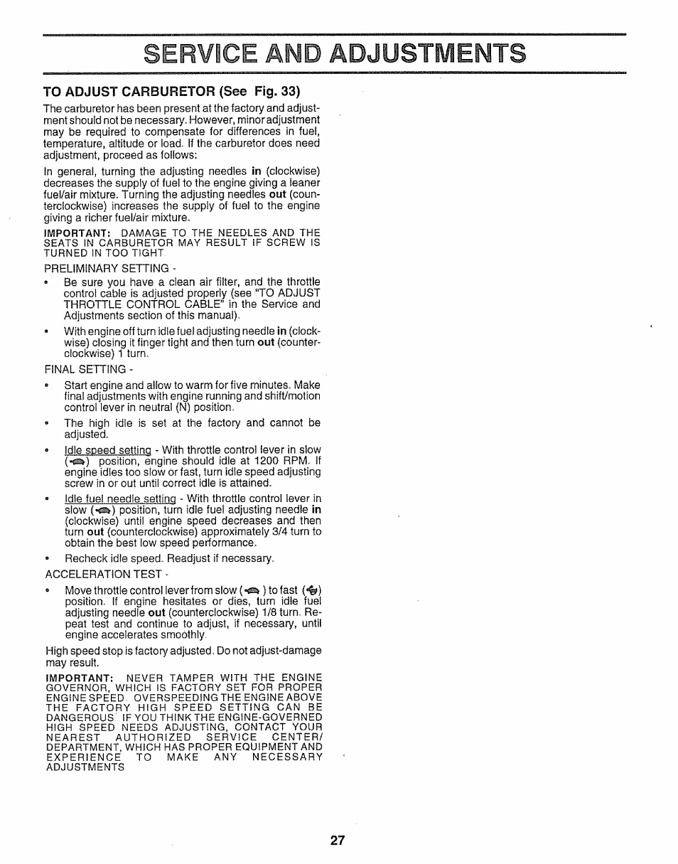 To adjust carburetor (see fig. 33), Se^vbce amd adjustments | Sears 917.251551 User Manual | Page 27 / 60