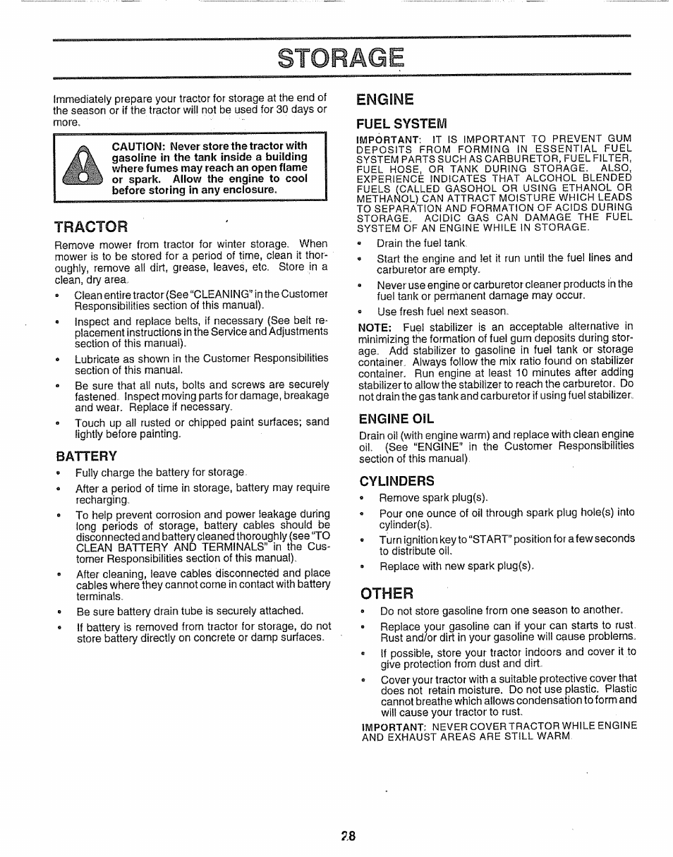 Battery, Fuel system, Engine oil | Cylinders, Storage, Tractor, Engine, Other | Sears 917.251551 User Manual | Page 28 / 60