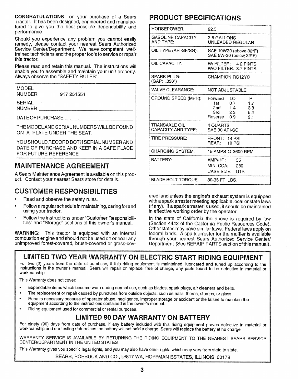 Maintenance agreement, Customer responsibilities, Product specifications | Limited 90 day warranty on battery | Sears 917.251551 User Manual | Page 3 / 60