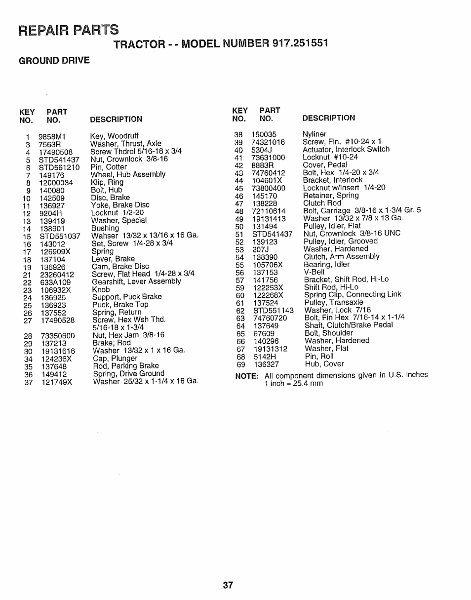 Ground drive, Description, Repair parts | Sears 917.251551 User Manual | Page 37 / 60
