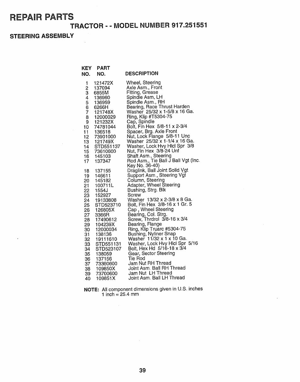 Repair parts | Sears 917.251551 User Manual | Page 39 / 60