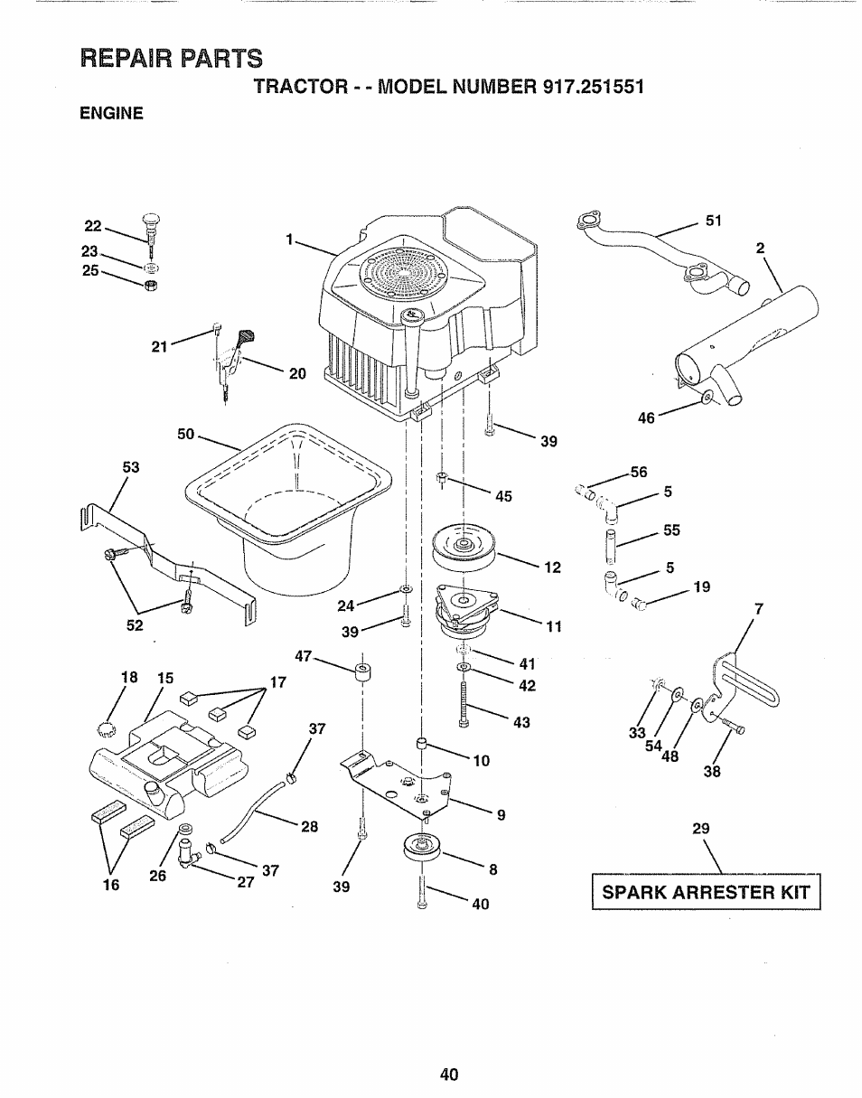 Repair parts, Spark arrester kit | Sears 917.251551 User Manual | Page 40 / 60
