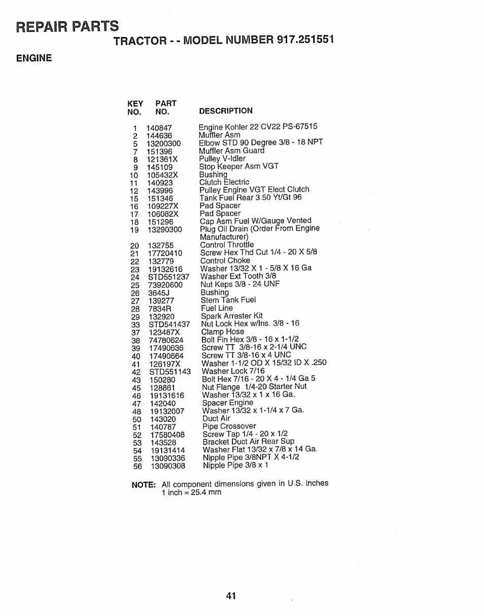 Engine, Description, Repair parts | Sears 917.251551 User Manual | Page 41 / 60