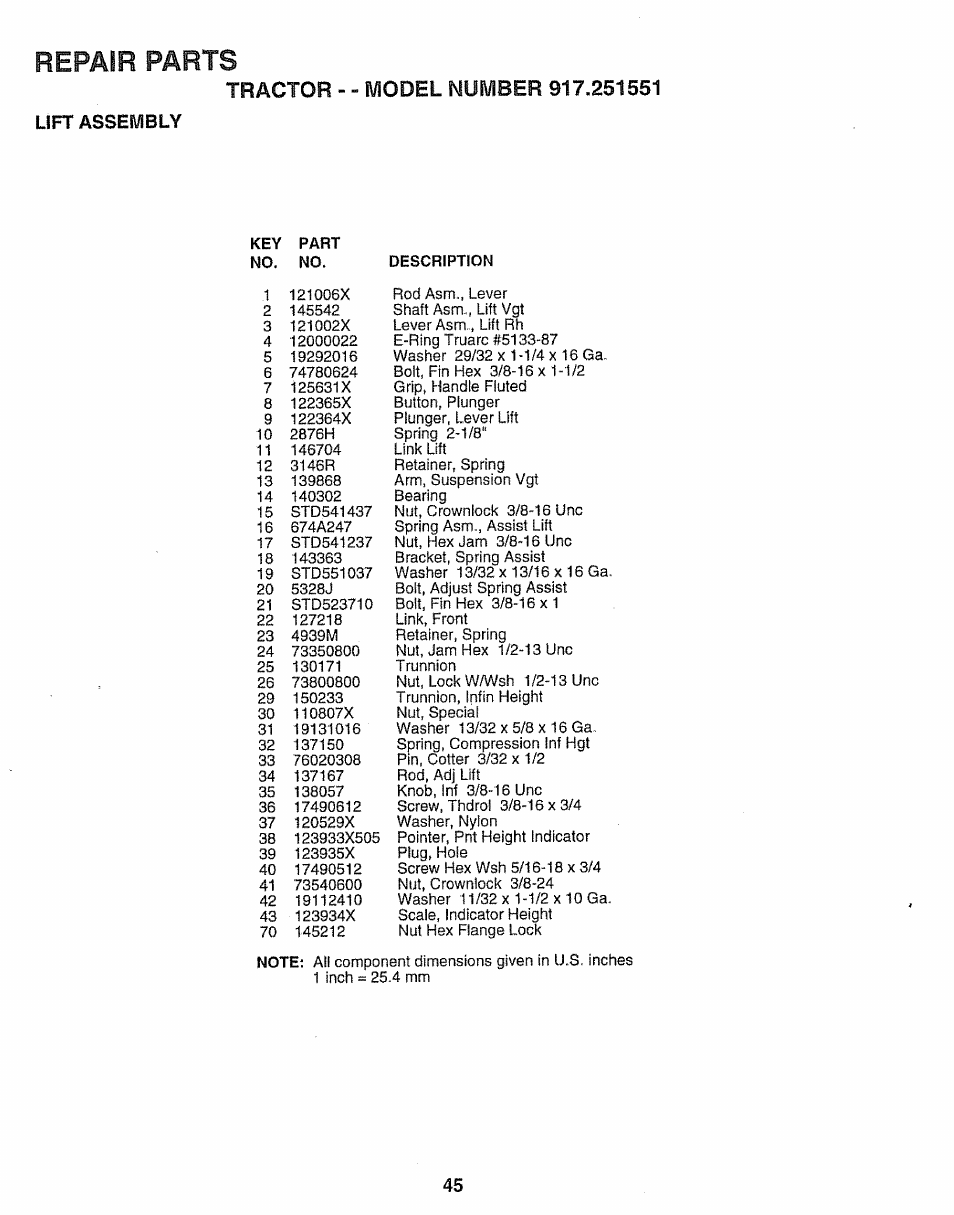 Lift assembly, Repair parts | Sears 917.251551 User Manual | Page 45 / 60