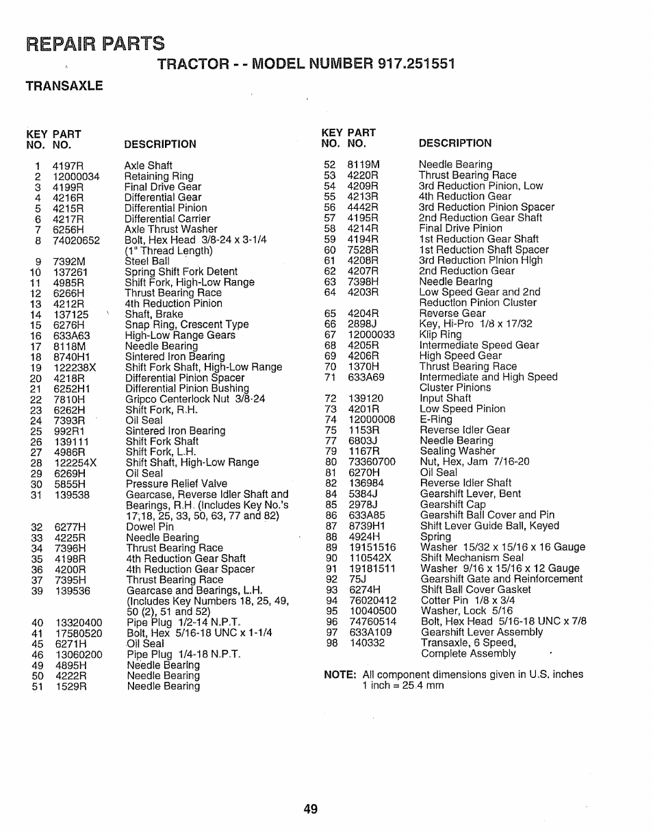 Transaxle, Repair parts | Sears 917.251551 User Manual | Page 49 / 60