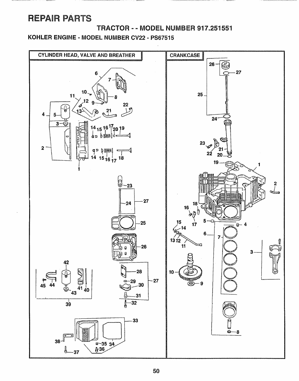 Repair parts | Sears 917.251551 User Manual | Page 50 / 60