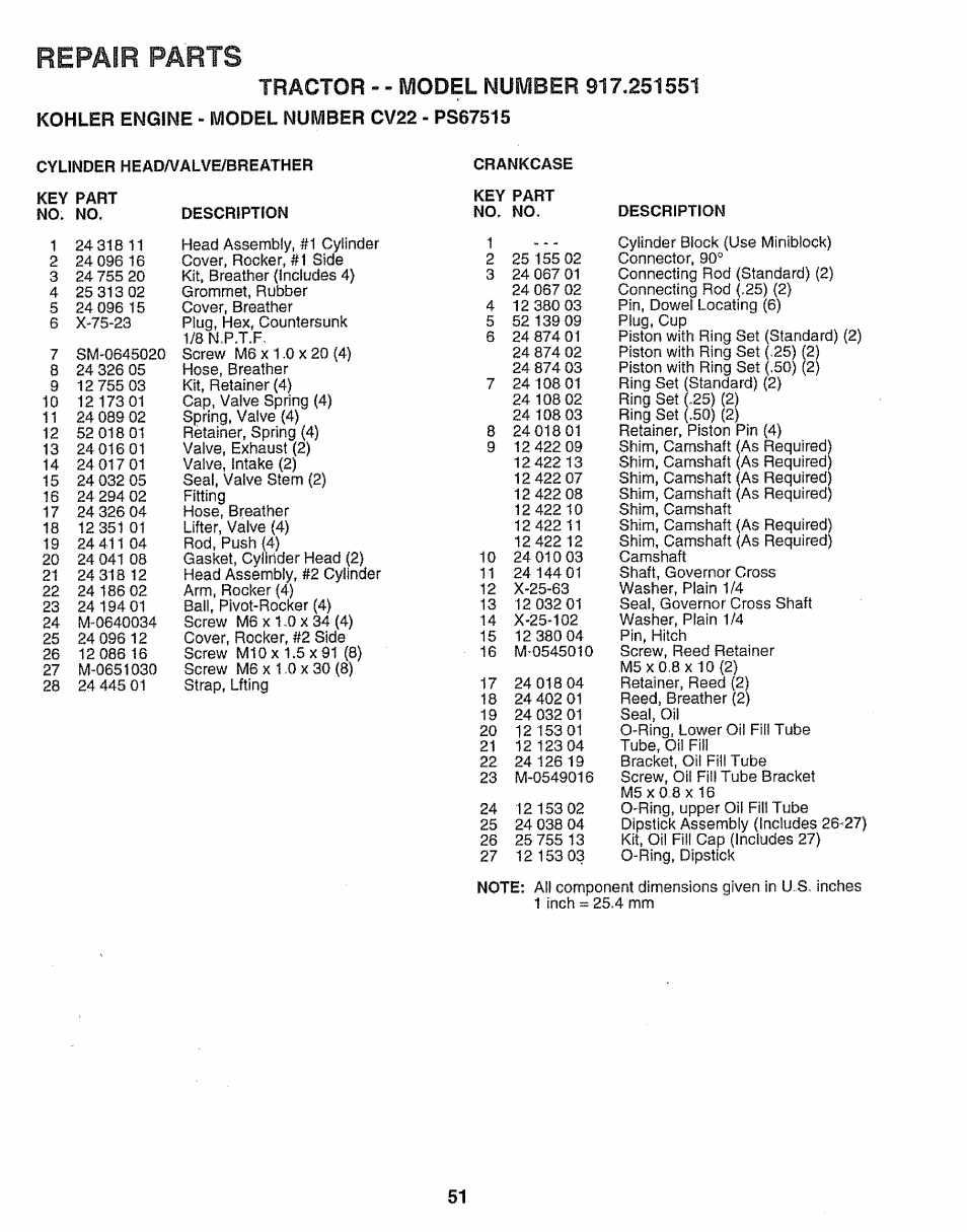 Description, Repair parts | Sears 917.251551 User Manual | Page 51 / 60