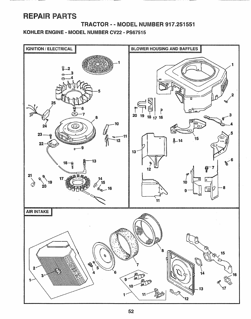Repair parts | Sears 917.251551 User Manual | Page 52 / 60
