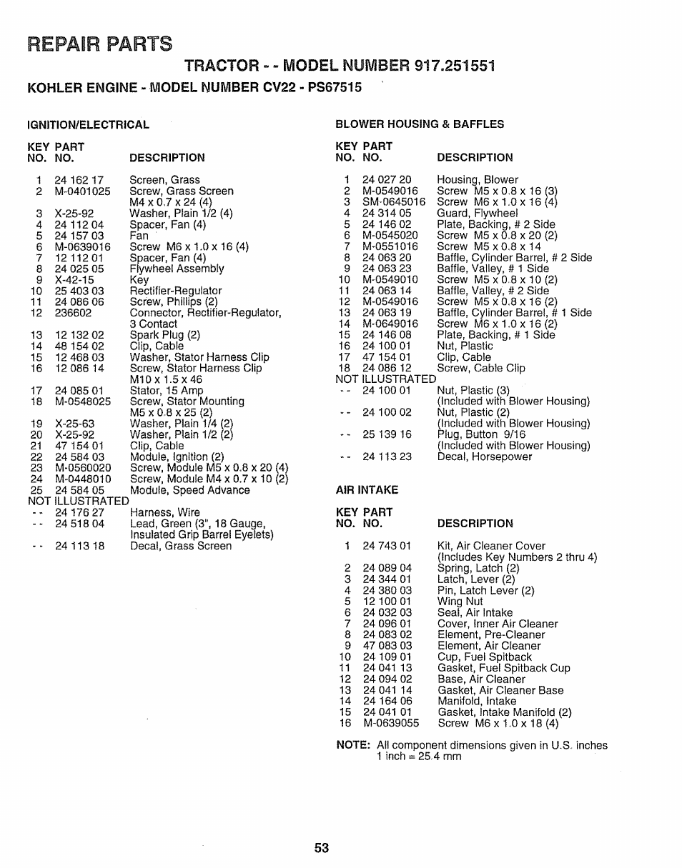 Description, Blower housing & baffles, Repair parts | Sears 917.251551 User Manual | Page 53 / 60