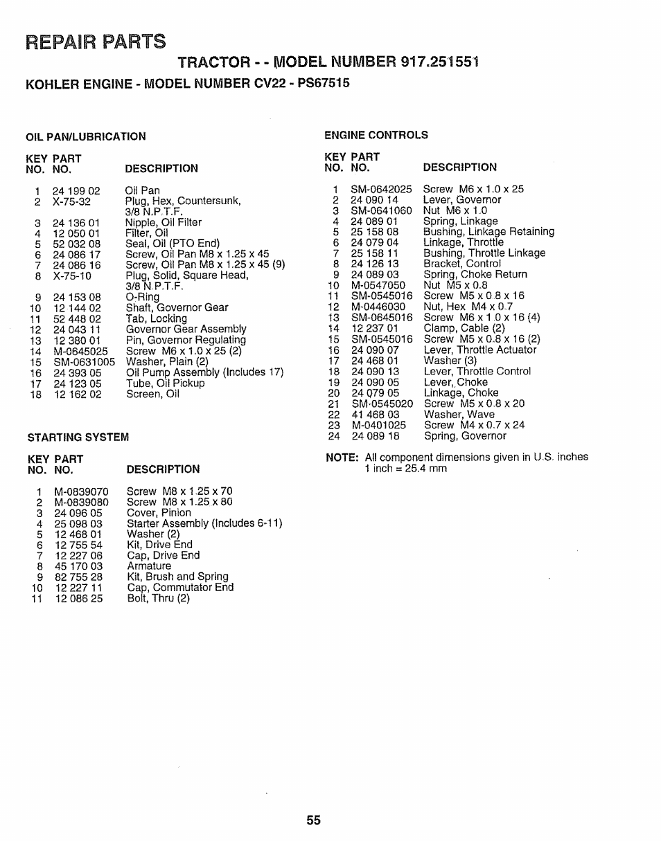 Repair parts | Sears 917.251551 User Manual | Page 55 / 60