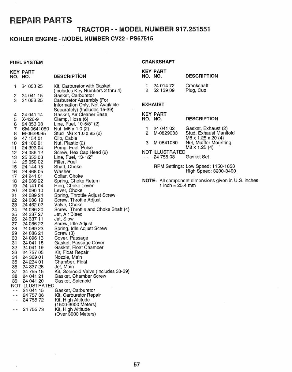 Repair parts, Tractor--model number 917.251551, Kohler engine - model number cv22 - ps67515 | Fuel system, Key part no. no, Description, Crankshaft, Exhaust, Repair parts -49 | Sears 917.251551 User Manual | Page 57 / 60