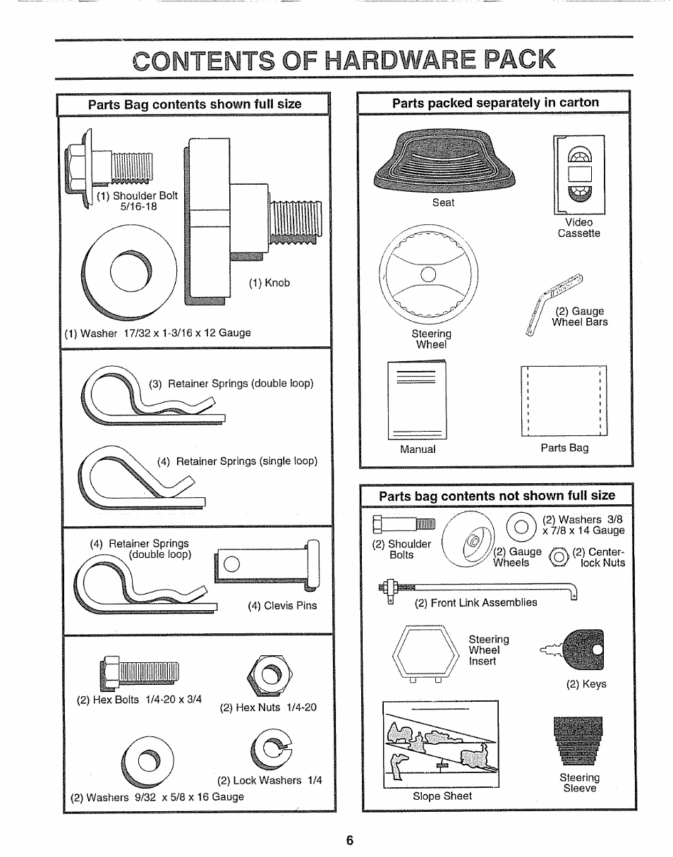 Contents of hardware pack, Parts bag contents not shown fuli size | Sears 917.251551 User Manual | Page 6 / 60