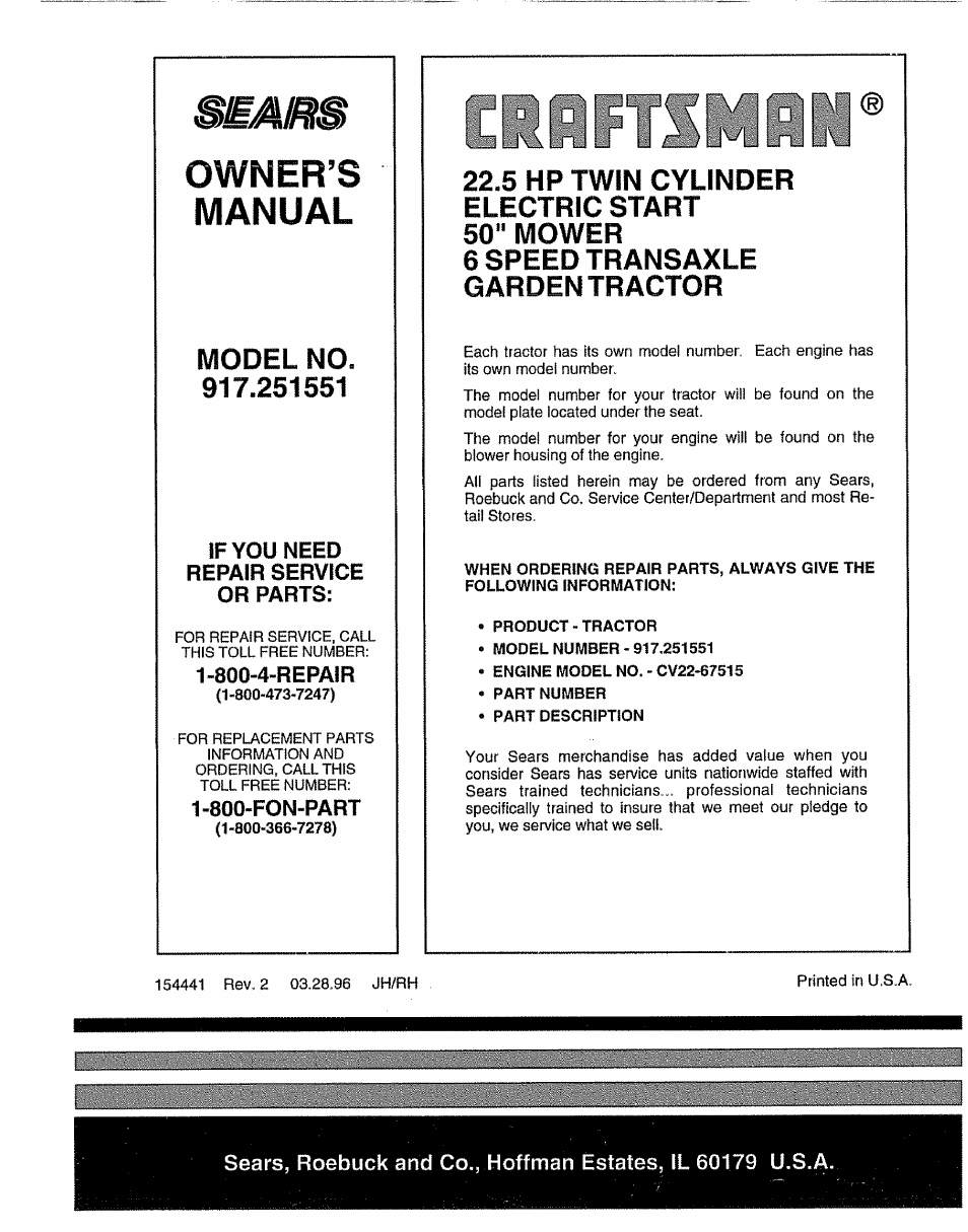 Beaim, If you need repair service or parts, 800-4-repair | 800-fon-part, Product-tractor, Engine model no.-cv22-67515, Part number, Part description, Blvl, Owner’s manual | Sears 917.251551 User Manual | Page 60 / 60