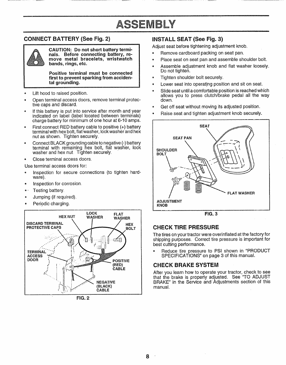 Connect battery (see fig. 2), Install seat (see fig. 3), Check tire pressure | Check brake system, Assembly | Sears 917.251551 User Manual | Page 8 / 60