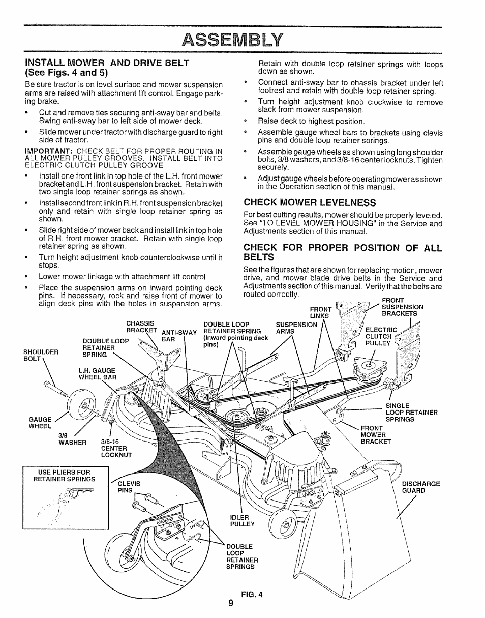 Install mower and drive belt (see figs. 4 and 5), Check mower levelness, Check belts | Assembly | Sears 917.251551 User Manual | Page 9 / 60
