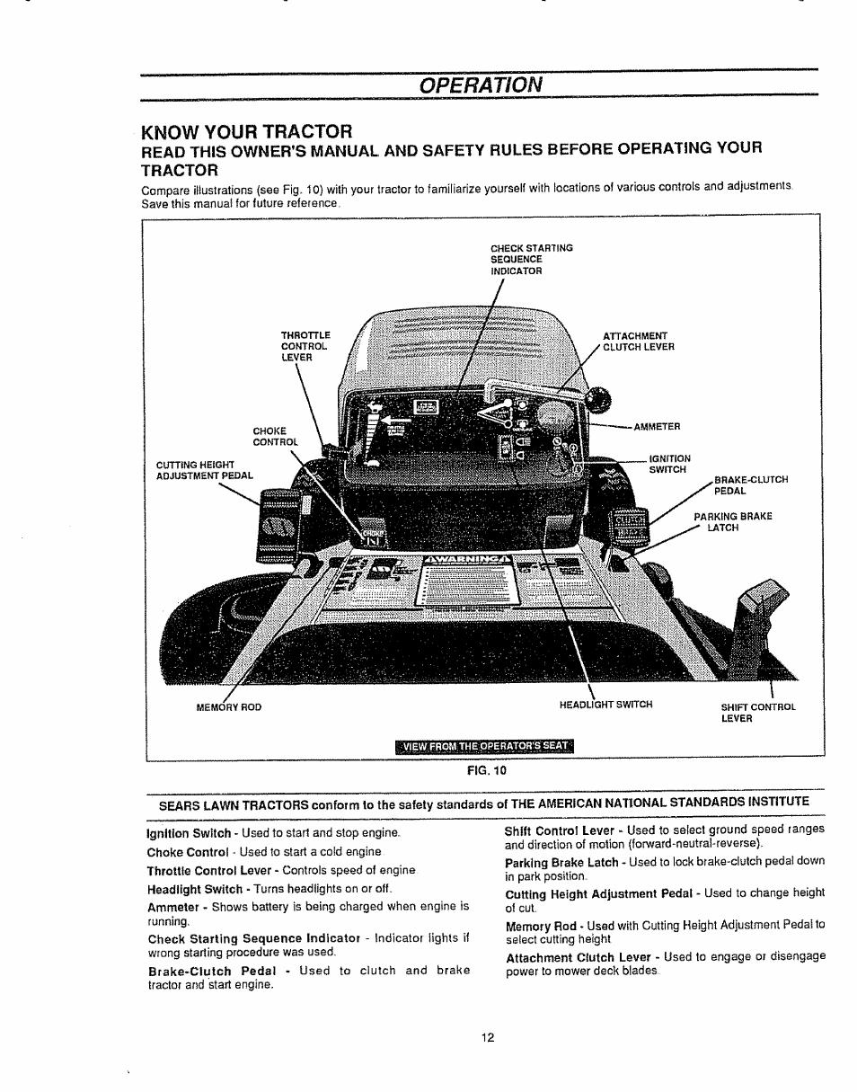 Know your tractor, Operation | Sears 536.25587 User Manual | Page 12 / 74