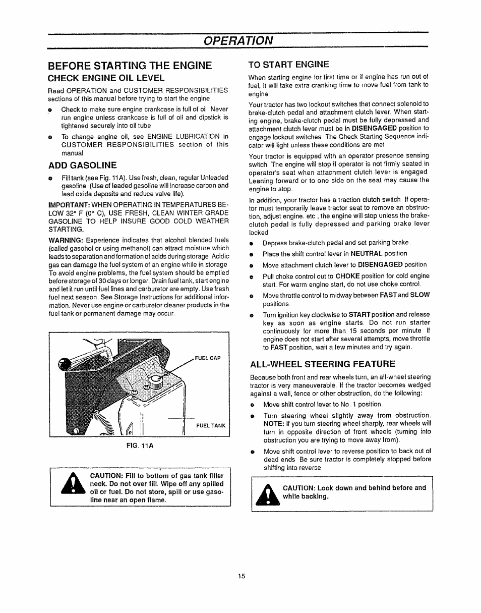 Before starting the engine, Check engine oil level, Add gasoline | To start engine, All-wheel steering feature, Starting the engine, Operation | Sears 536.25587 User Manual | Page 15 / 74