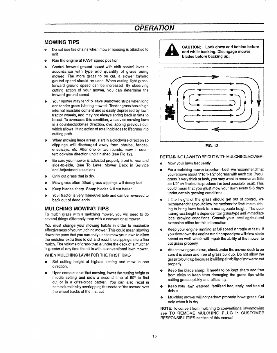 Mowing tips, Mulching mowing tips, Operation | Sears 536.25587 User Manual | Page 16 / 74